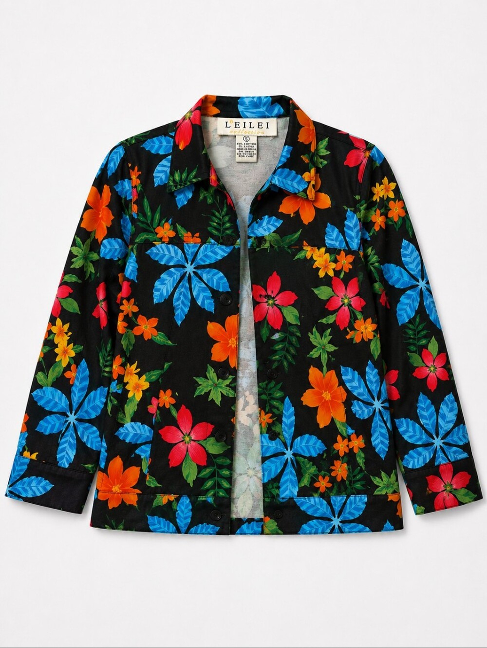 LEILEI Tropical Black & Colorful Floral Button-Up Lightweight Jacket Beautiful!